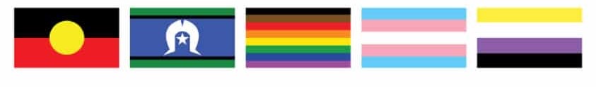 Aboriginal, Torres Strait Islander, rainbow Pride, transgender Pride and non-binary Pride flags